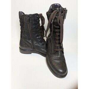 Aquatalia Brown Leather Combat Boots Side Zip Quilted Womens Size 5.5 Moto Italy